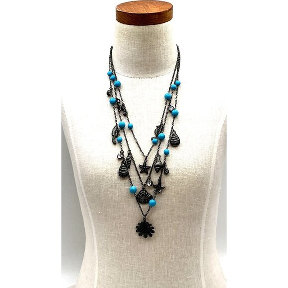 Layered Seashell & Starfish Charms Necklace With Faux Turquoise Beads - Picture 2 of 5